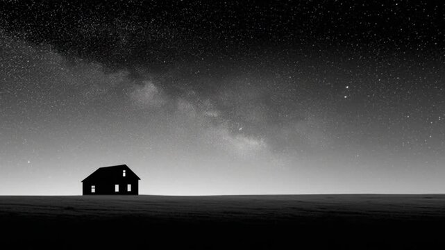 Silhouetted house under a starry night sky, with visible Milky Way, set against a dark field