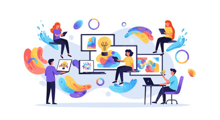 Illustration of a diverse group of Gen Z people engaged in digital creativity and productive collaboration with colorful design elements and innovative ideas on a white background. © Rizqi