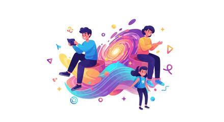 Illustration of a diverse group of young people representing Gen Z digital creativity with colorful design elements and innovative ideas on a vibrant background. © Rizqi