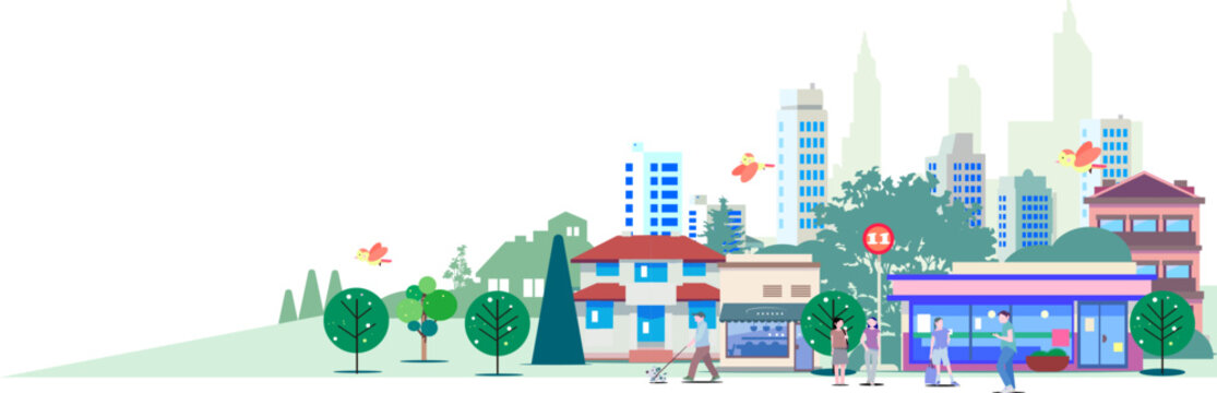 Vector illustration of city street landscape with people lifestyle, panoramic background.