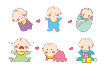 Cute baby character set with different poses: sleeping, standing, swaddled, crying, crawling and playing blocks, adorable nursery illustration collection on white