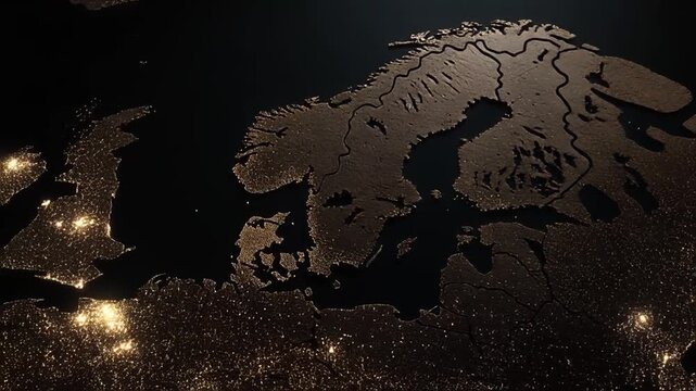 A dark, detailed map of a northern European region, showing bright city lights against a black backdrop