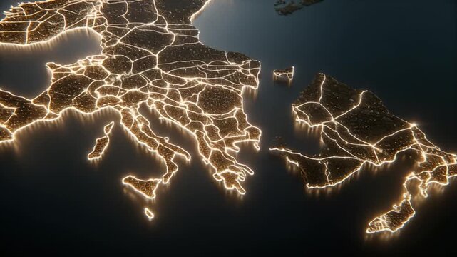 Illuminated, abstract map of connected landmasses, glowing against a dark gradient backdrop, creating a spatial design