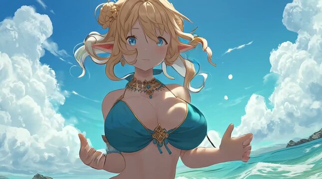 Busty Blonde Elf Girl Teal Bikini Sitting on Beach with Cloudy Sky for Summer Fantasy