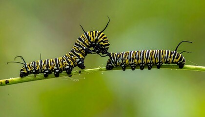 Naklejka premium Monarch Caterpillars - A Close-Up View on a Green Stem.