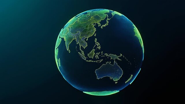 Digital Earth globe, showing Asia, Australia and surrounding areas. Glowing green and blue colors