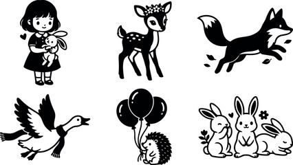 Obraz premium Cute girl hugging bunny deer with flower crown fox running flying goose hedgehog holding balloons group of rabbits vector art
