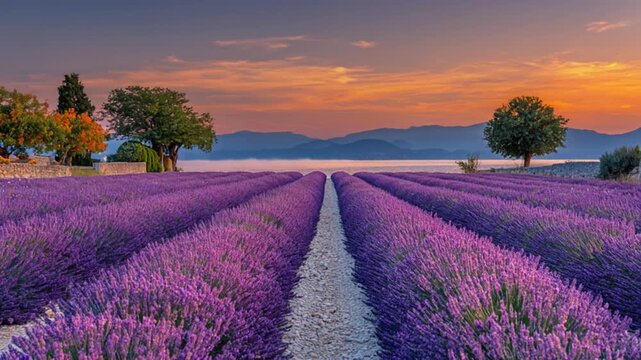 A picturesque landscape showing lavender rows in a field, with a colorful sky at dawn