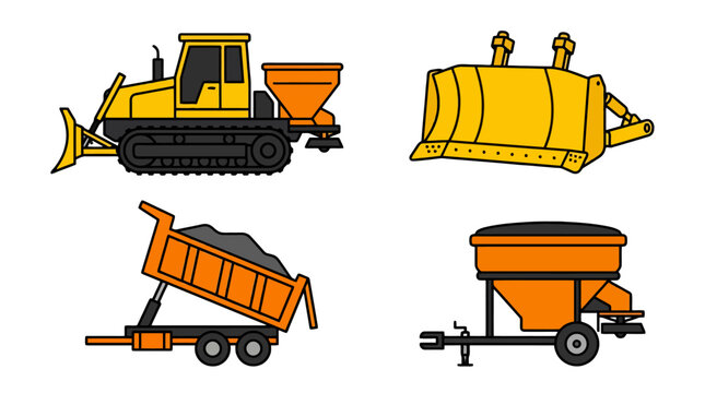 Vibrant flat design heavy machinery vector set featuring a bulldozer blade dump trailer and a utility spreader.