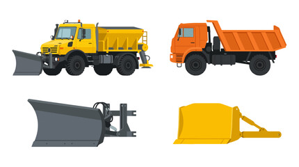Obraz premium Flat design heavyduty vehicles yellow snowplow truck orange dump truck gray plow yellow loader bucket illustration.