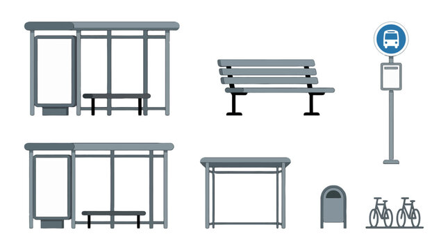 Minimalist flat design urban street furniture set with grey bus stops benches sign trash bin bike rack.