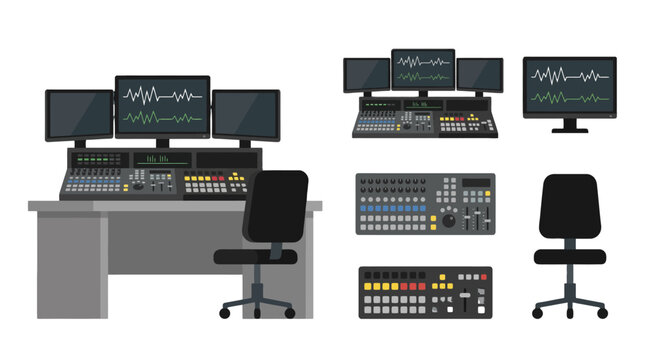 Modern Broadcast Studio Control Equipment Vector Set Monitors Audio Mixers Switchers and Ergonomic Chair.