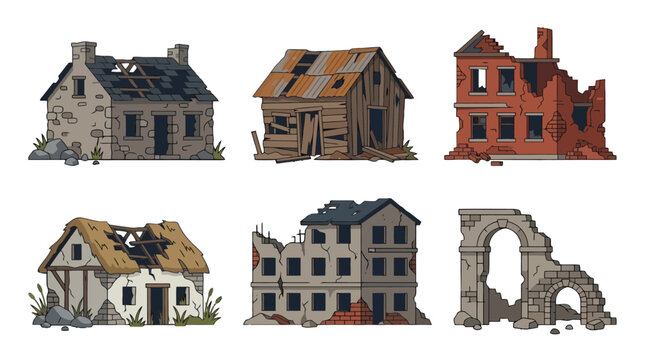 Illustrated collection of various ruined buildings including stone cottages wooden shacks and brick structures with a crumbling archway.