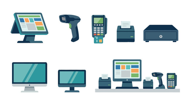 Flat design retail pointofsale system equipment icons POS terminal scanner card reader printer cash drawer.