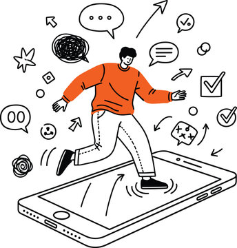 A man stepping out of a smartphone surrounded by digital communication icons