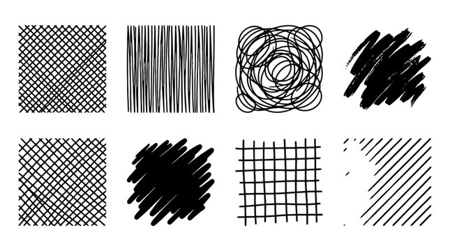 Diverse set of eight handdrawn black ink graphic textures featuring crosshatch parallel lines scribbles and solid brush strokes.