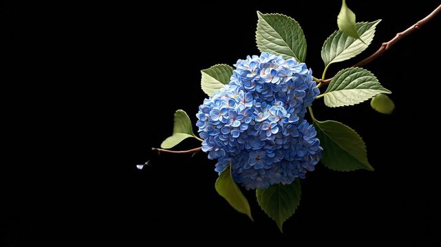 A detailed image of blooming blue and white flowers on a stem with green leaves on a black background