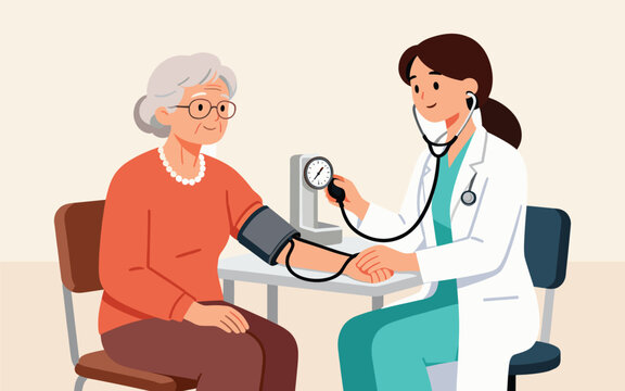 Blood PressuFemale doctor with stethoscope measuring blood pressure of senior woman patient during medical checkup, healthcare vector illustrationre 2