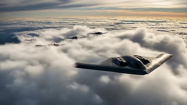Stealth bombers flying in formation through the clouds at high altitude,Military stealth bombers in the sky leaving contrails in the clouds,B-2 stealth bombers flying through the sky