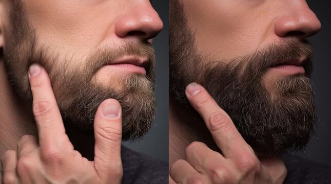 Grooming Transformation: A side-by-side comparison showcases the before-and-after of facial hair grooming, emphasizing the transformative power of grooming routines. 