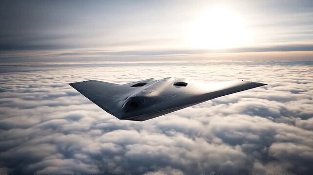 Stealth bombers flying in formation through the clouds at high altitude,Military stealth bombers in the sky leaving contrails in the clouds,B-2 stealth bombers flying through the sky