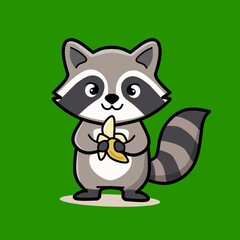Naklejka premium Cute Raccoon Holding and Eating Banana Cartoon Animal Vector Illustration