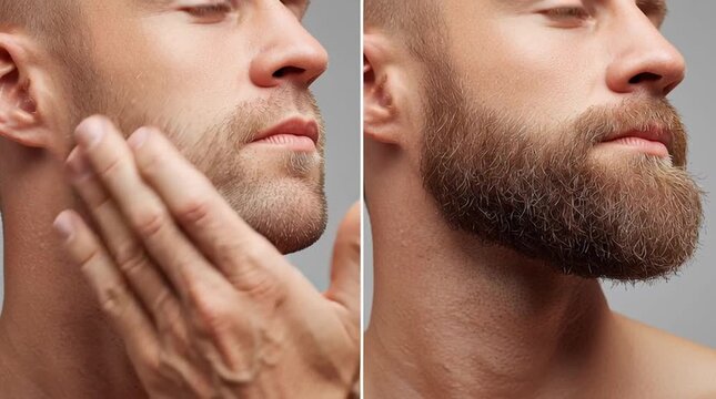 Grooming transformation: A visual comparison showcasing the grooming process of a man, from applying lotion to a freshly shaved face to the final reveal of a well-groomed, bearded appearance.