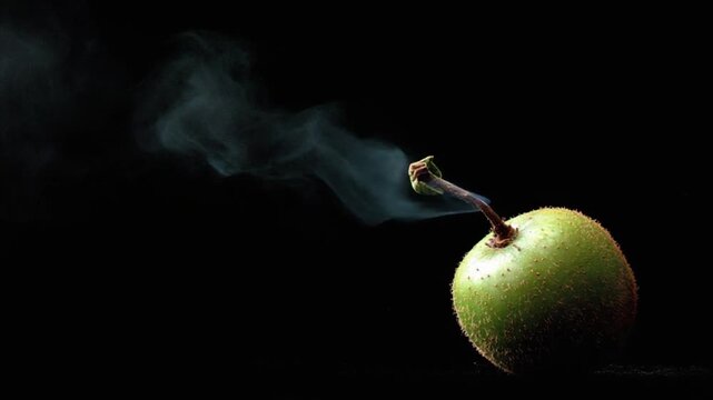 Close-up of a fruit with a fuzzy texture and stem, emitting a wisp of vapor, against a dark background