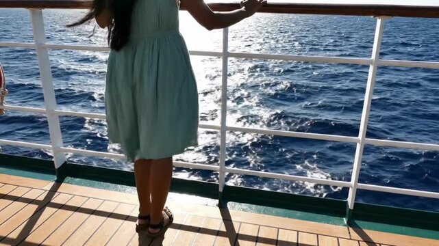 Woman in light dress looking at ocean from cruise ship deck