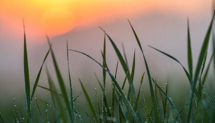 Serene Morning Dew on Grass at Sunrise with Foggy Atmosphere
