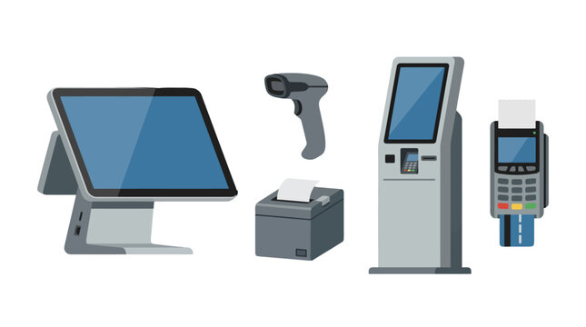 Flat design illustration of modern pointofsale and selfservice payment devices POS terminal barcode scanner receipt printer payment kiosk and card reader.