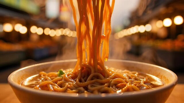 Street food cinematic sequence of noodles being lifted with chopsticks, steam rising in slow motion, glossy sauce coating strands