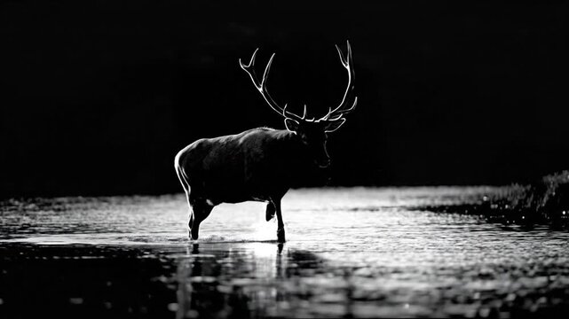 A lone deer, silhouetted in a body of water, with its magnificent antlers standing out