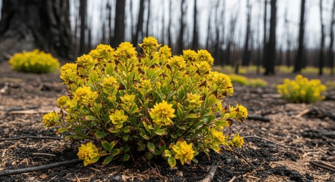 Yellow flowers blooming in charred forest