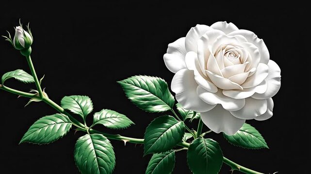 A stunning white rose with green leaves on a thorned stem against a black background