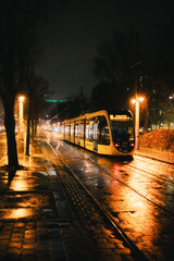Obraz premium Budapest Tram Stopped On Wet Street
