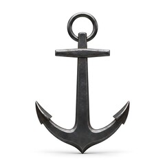 A classic dark metal ship anchor with a ring and two flukes, isolated on a clean white background.