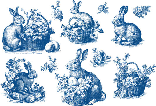 A set of Easter scenes with a bunny and baskets in a vintage style