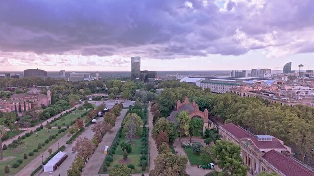 Aerial drone flying over barcelona parc de la ciutadella
