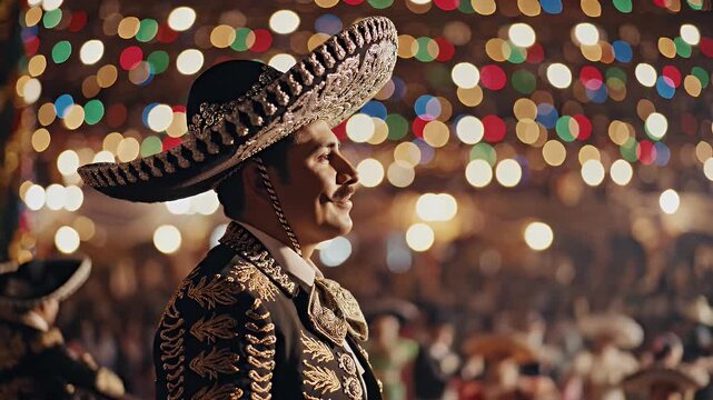 Mariachi charro in embroidered suit with colorful bokeh lights at night