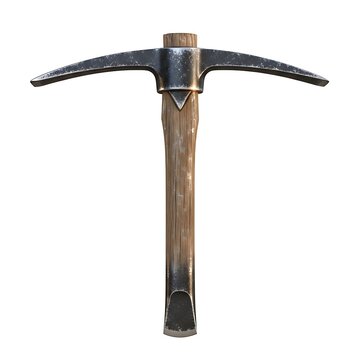 A classic pickaxe with a sturdy wooden handle and a durable metal head, isolated on a white background, ready for heavy-duty digging and mining tasks.