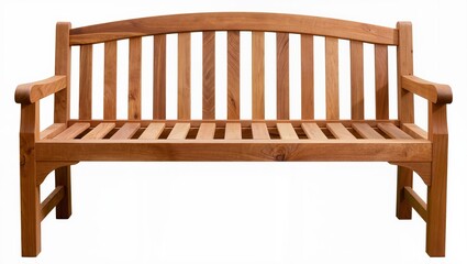 Classic wooden garden bench isolated on white background, traditional outdoor seating furniture made of natural wood.