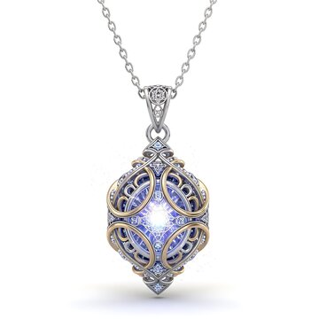 Ornate silver and gold pendant with a glowing blue crystal center and intricate filigree design on a delicate chain, radiating an ethereal light.