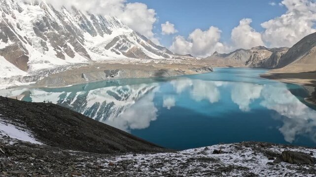 View of Tilicho Lake from the south shore, with view from the glaciers and impressive Himalayan mountains