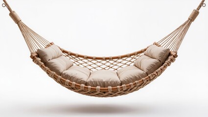 Obraz premium Luxury hanging hammock with cushions isolated on white background, comfortable outdoor relaxation furniture for garden or patio.
