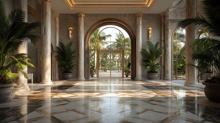 Fototapeta premium Luxury hotel lobby with marble floor arched doorway and tropical plants
