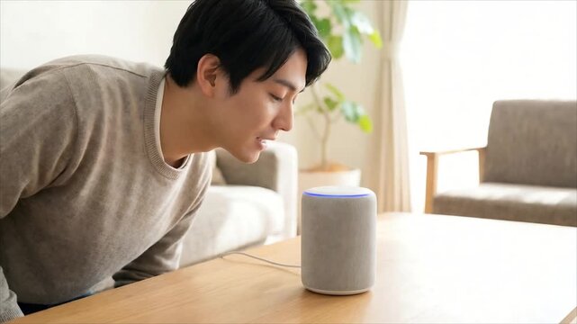 Asian man talking to smart speaker in living room. Guy using voice assistant for home automation. Modern technology connectivity and wireless device interaction.