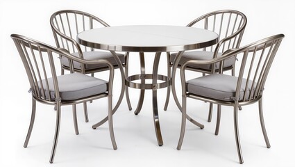 Round outdoor patio dining table with four armchairs isolated on white background, elegant garden furniture set designed for terrace or patio dining.