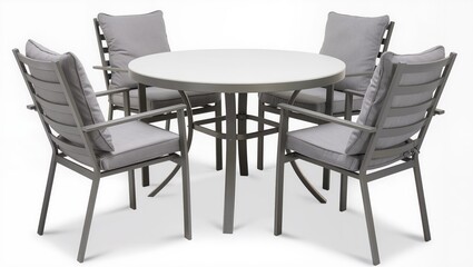 Fototapeta premium Round outdoor patio dining table with four armchairs isolated on white background, elegant garden furniture set designed for terrace or patio dining.
