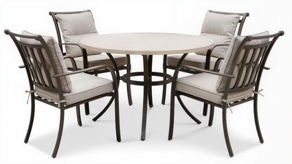 Fototapeta premium Round outdoor patio dining table with four armchairs isolated on white background, elegant garden furniture set designed for terrace or patio dining.